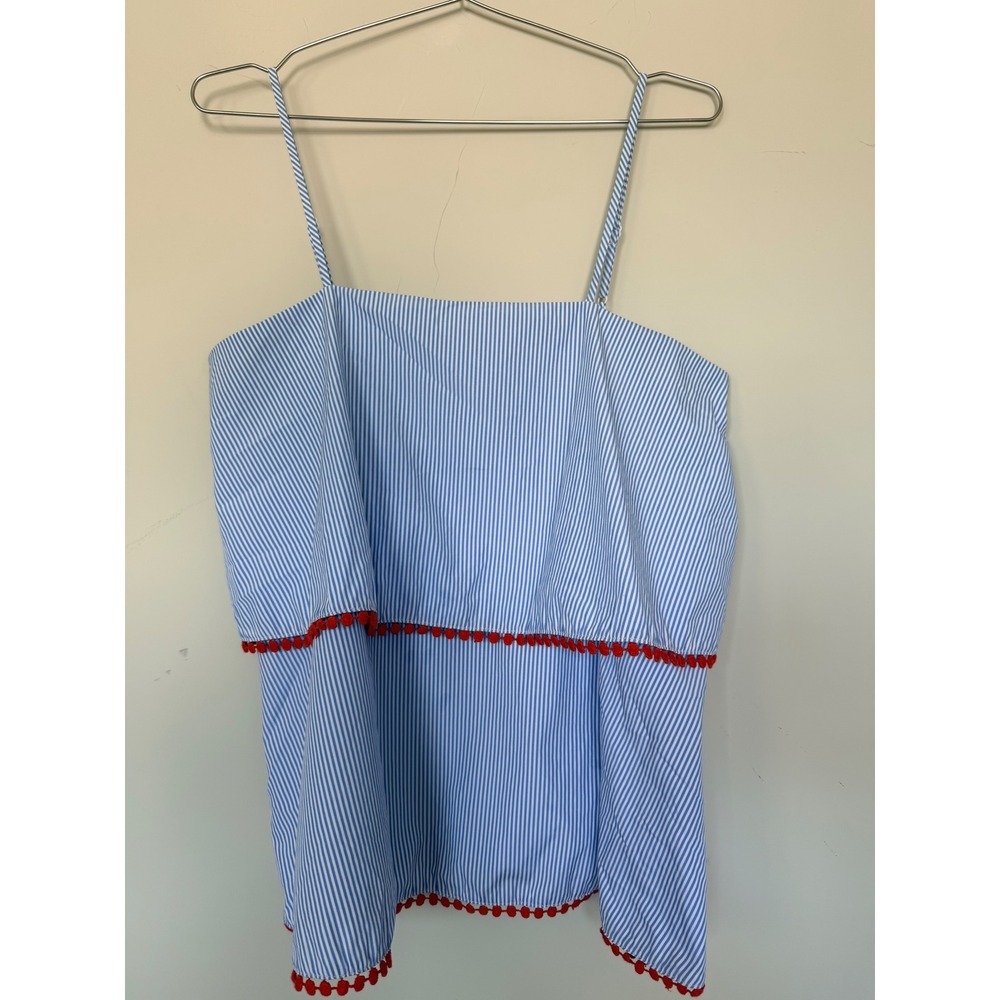 Pleione Women's Blue White Striped Pom Pom Trim Tiered Cami Top Medium